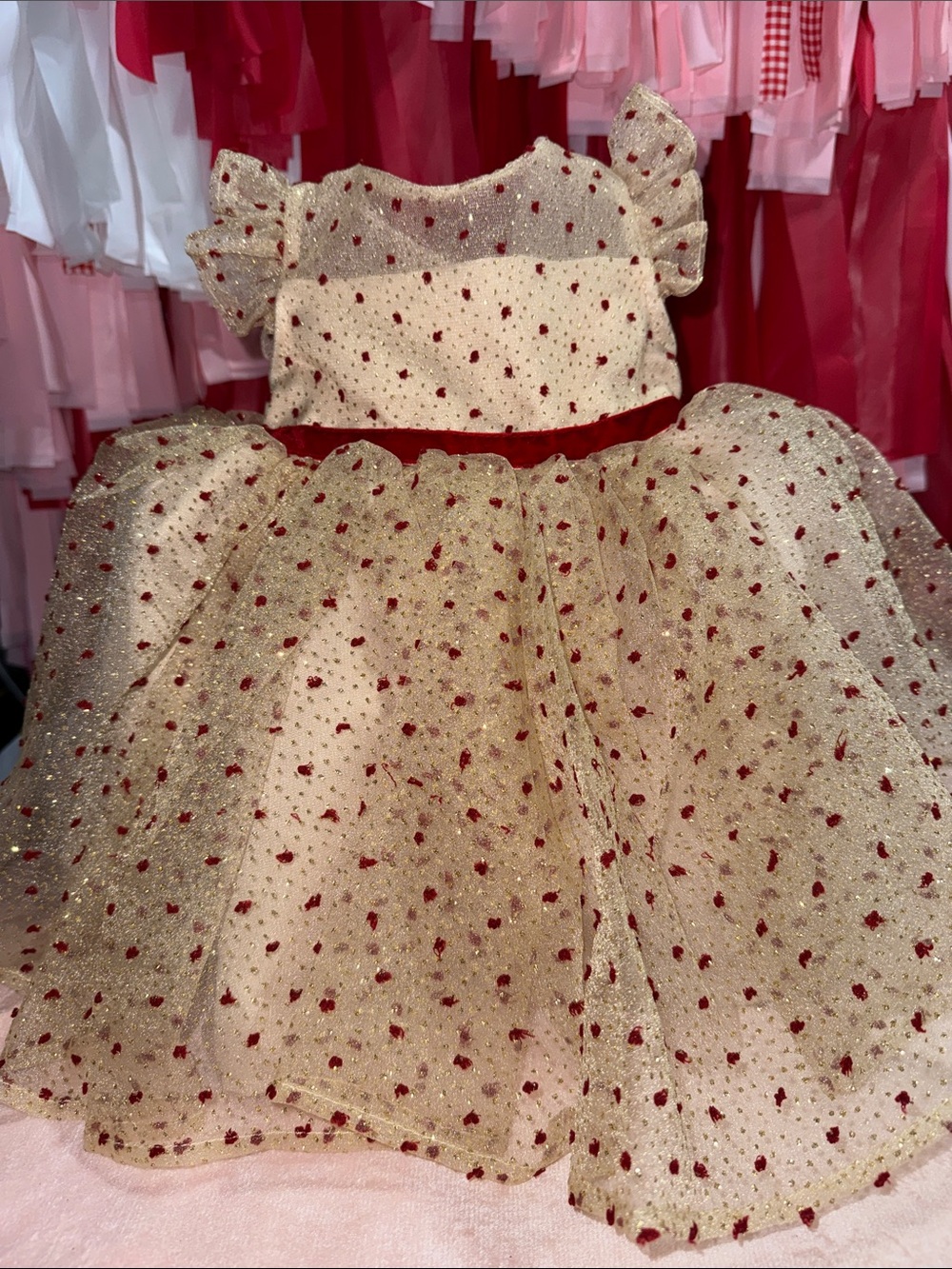 Blueberi Boulevard Gold Sheer Overlay with Red Embroidered Dots